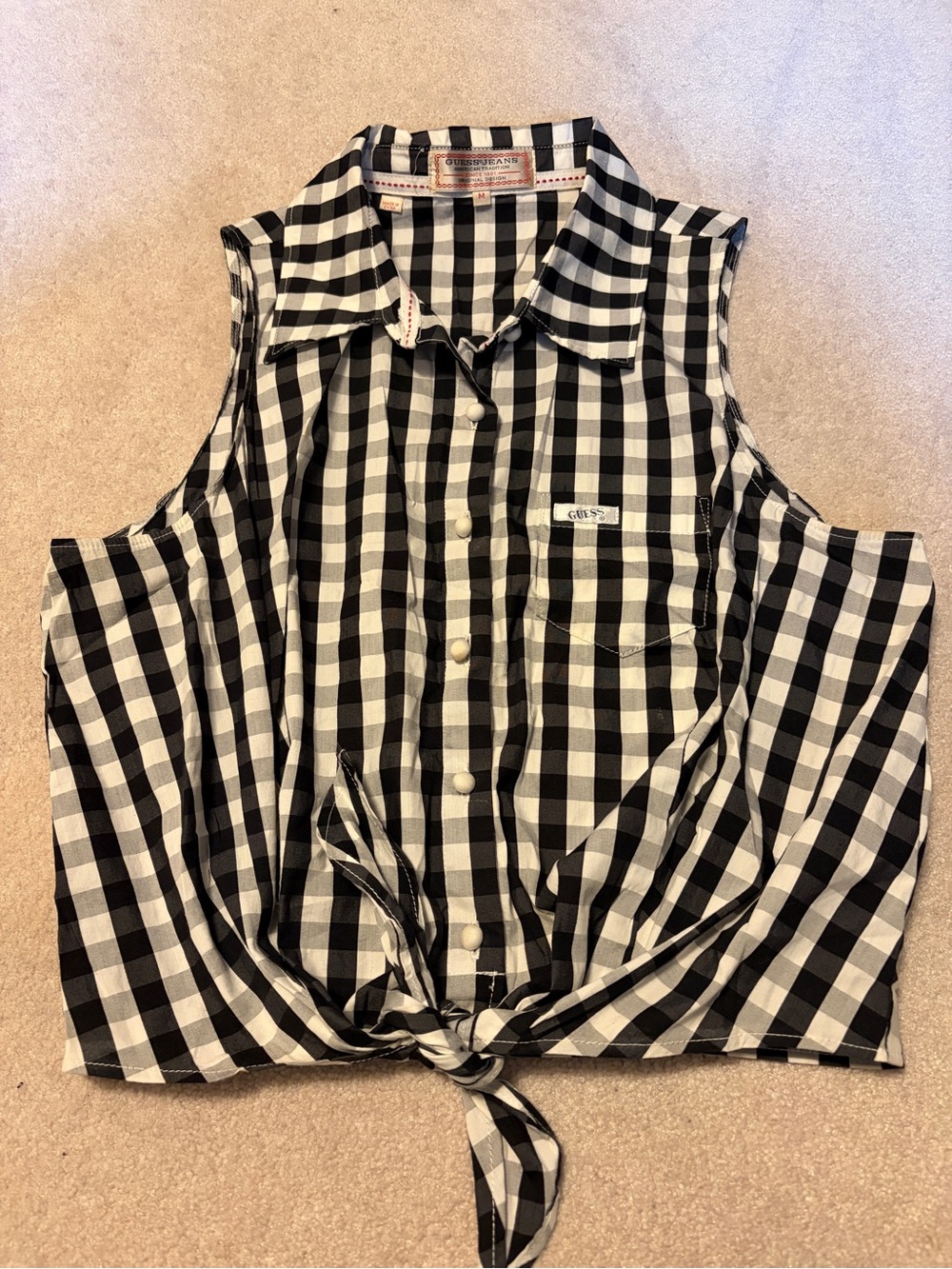 Guess Black & White Gingham Tie-Front Sleeveless Top - Picture 1 of 5